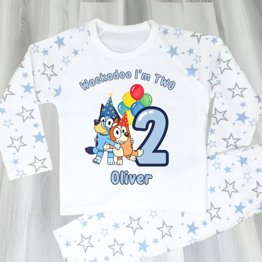 Bluey and Bingo Birthday Pyjamas for Boys with custom name and age in a blue party-themed design.