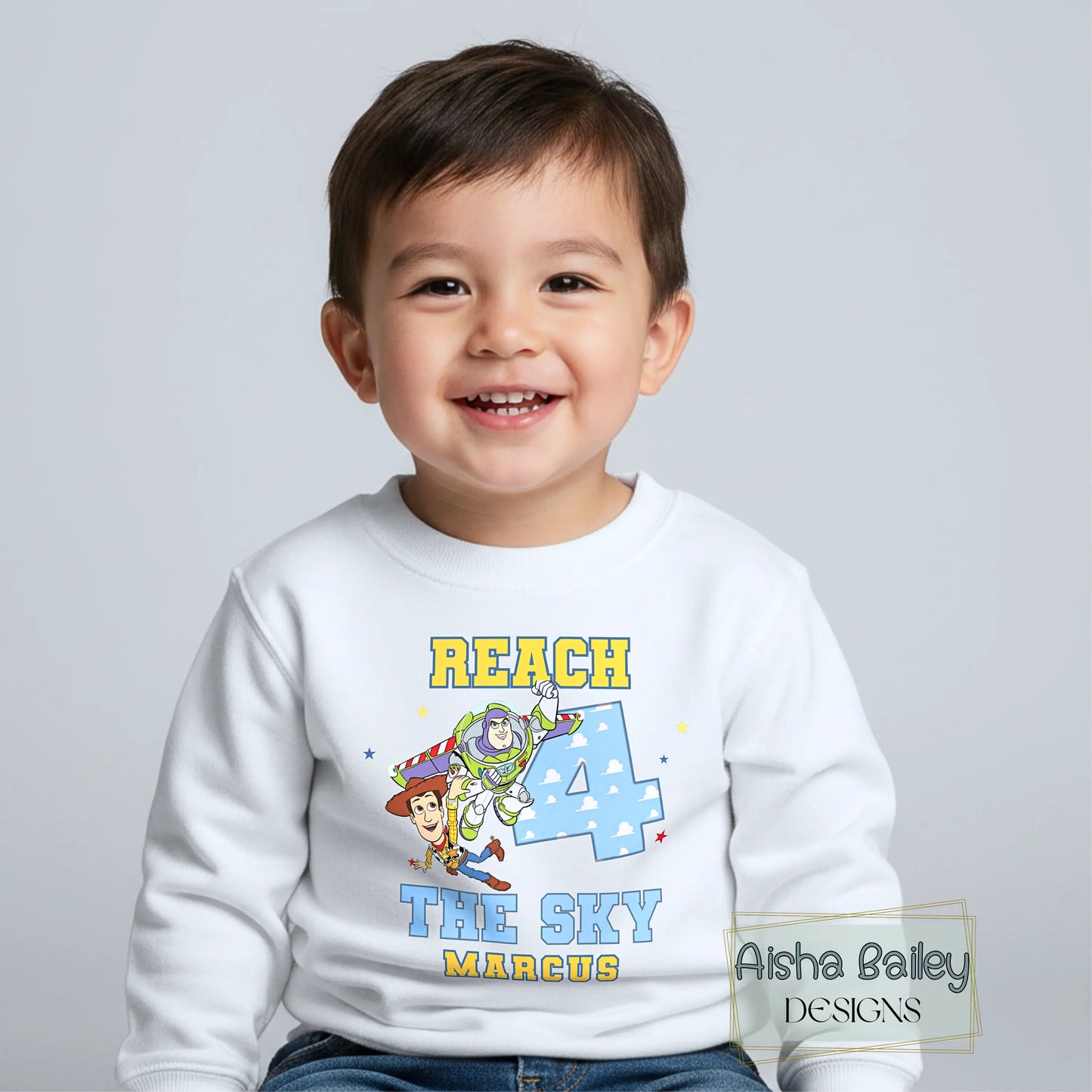 Personalised Toy Story birthday sweatshirt for boys 4th birthday with custom name reach 4 the sky design cosy jumper