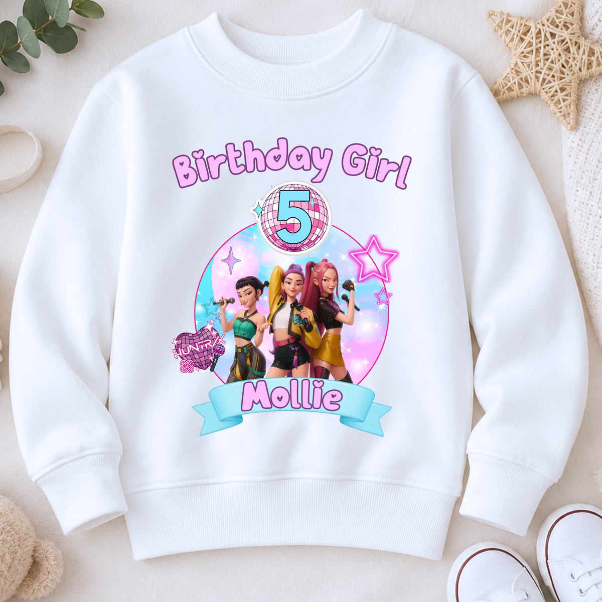 Personalised Demon Hunters Birthday Sweatshirt for Girls, white K-pop birthday jumper with pink design, custom name Mollie and age 5.