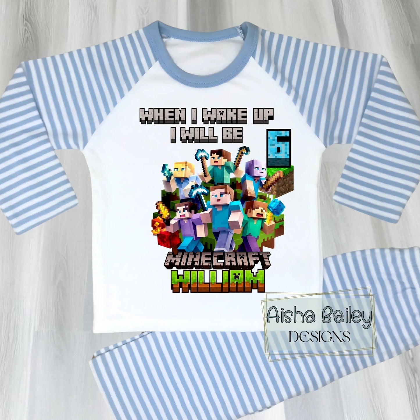 Personalised boys Minecraft birthday pyjamas with child’s name and age, featuring vibrant game-inspired design on a soft cotton pyjama set.