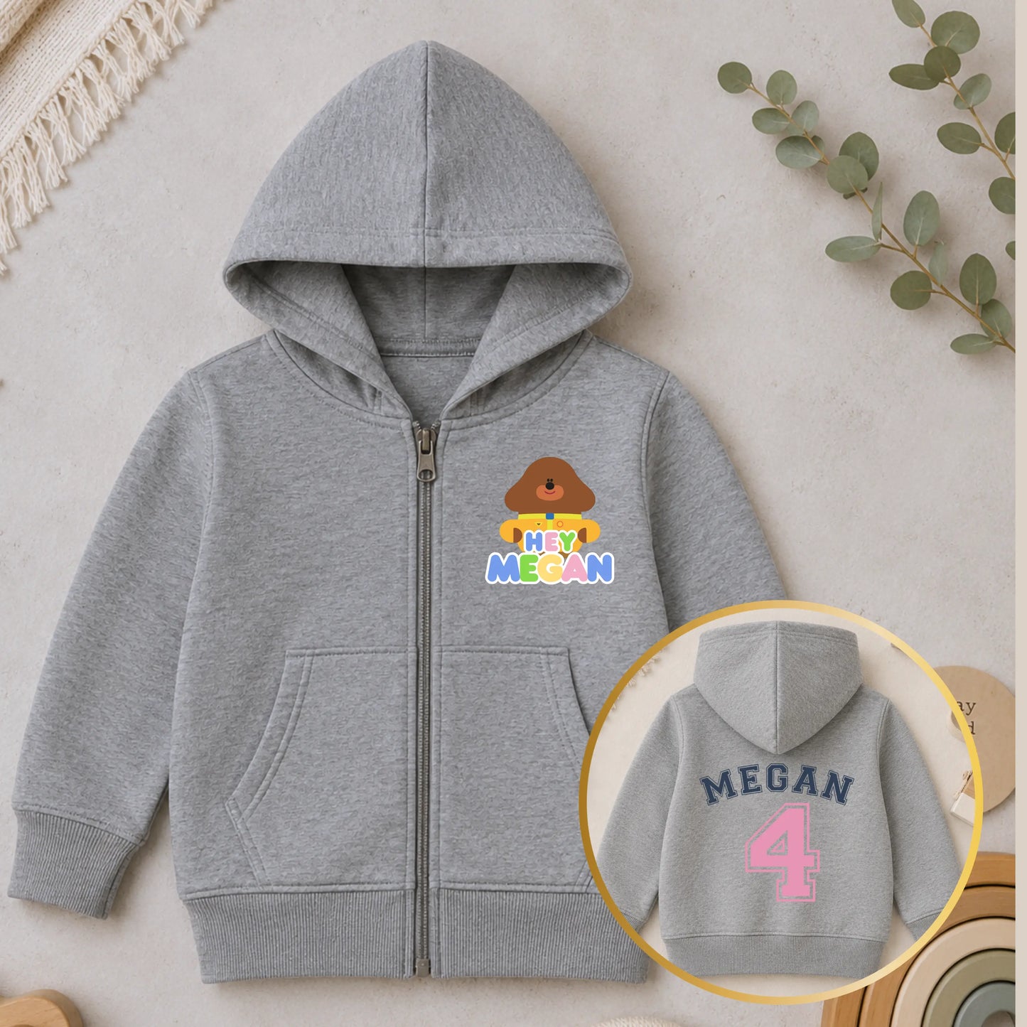 Personalised Hey Duggee Birthday Hoodie for Girls with Back Design AishaBaileyDesigns