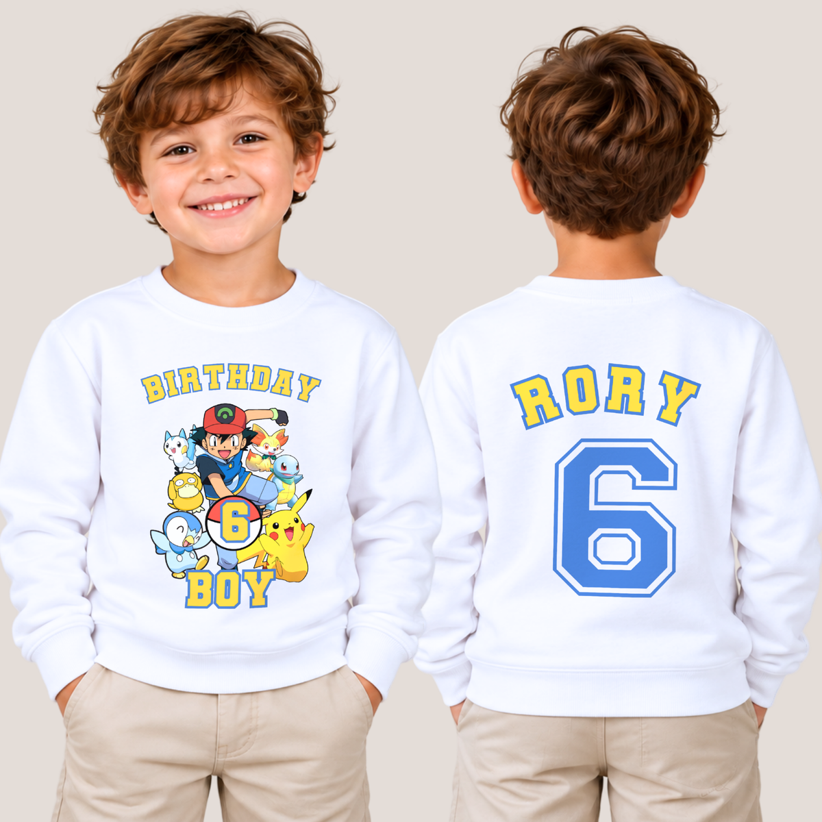 Personalised Pokémon Birthday Sweatshirt for Boys, white gamer jumper with colourful Pokemon characters, birthday age and custom name on back.