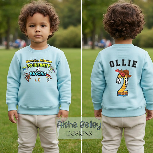 Toy Story birthday sweatshirt for boys with back name and custom name age, Buzz, woody, Jessie theme