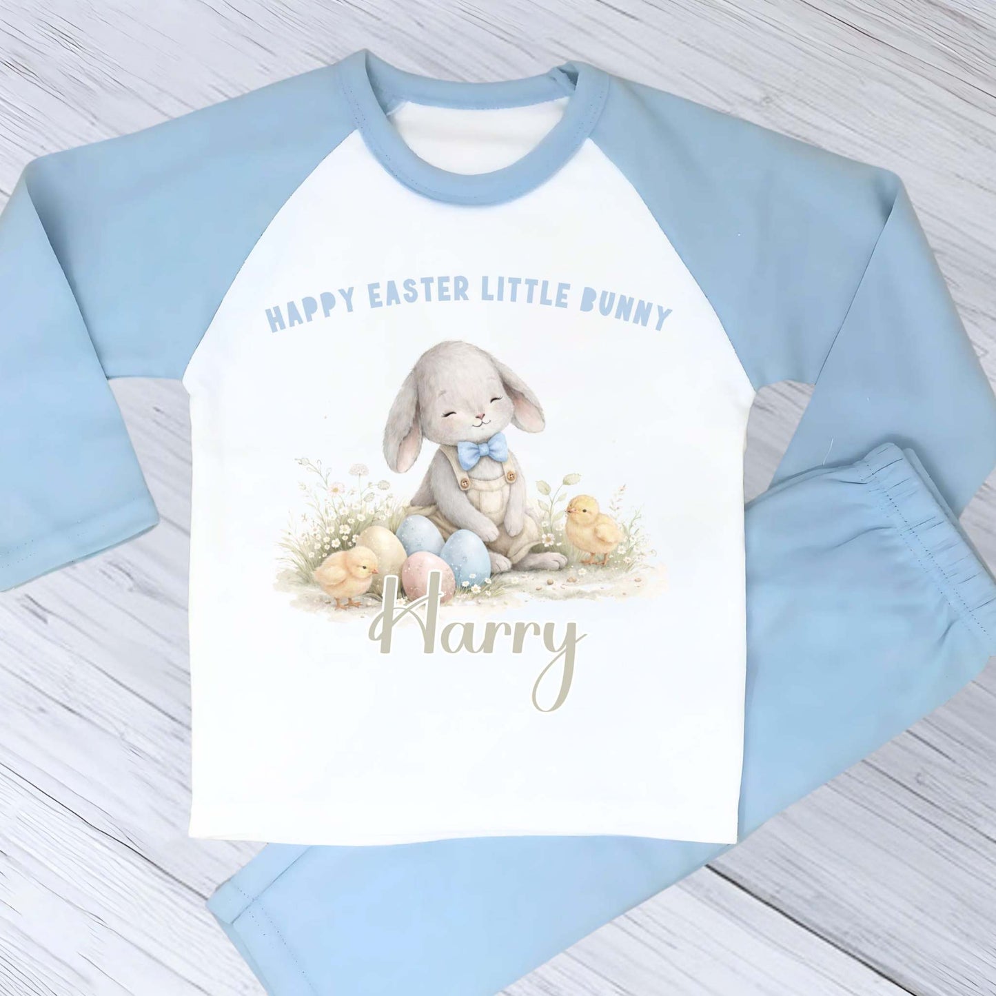 Personalised Easter Pyjamas: Boys Easter Pyjamas with personalised name featuring white bunny and pastel Easter egg design