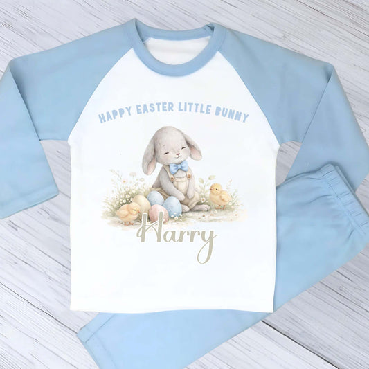 Personalised Easter Pyjamas: Boys Easter Pyjamas with personalised name featuring white bunny and pastel Easter egg design
