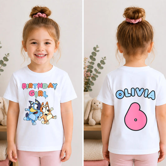 Girls Personalised Bluey Birthday T-shirt - Bluey and Bingo Tee with Front and Back Design AishaBaileyDesigns