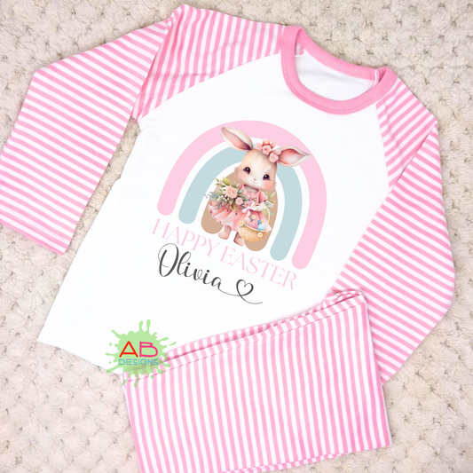 Easter PJs - Girls Cute White Rabbit Rainbow Pyjamas, When  i wake up easter