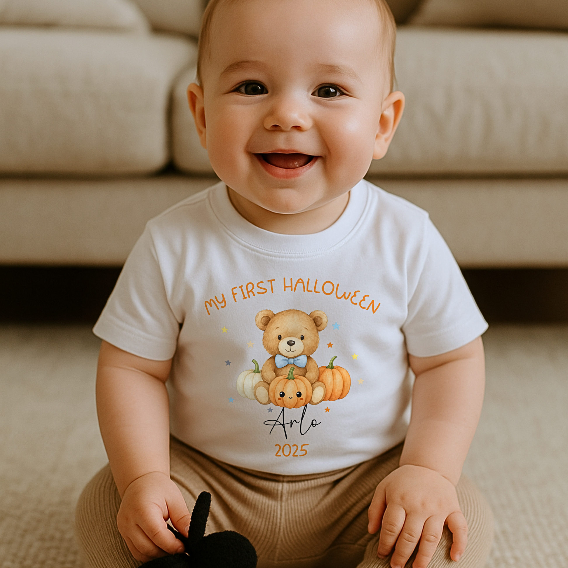 Personalised First Halloween Outfit for baby boy with teddy and pumpkin design, customised with baby name.