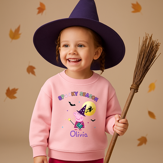 personalised halloween sweatshirt, Personalised Peppa Pig Halloween sweatshirt for kids with witch design and custom name