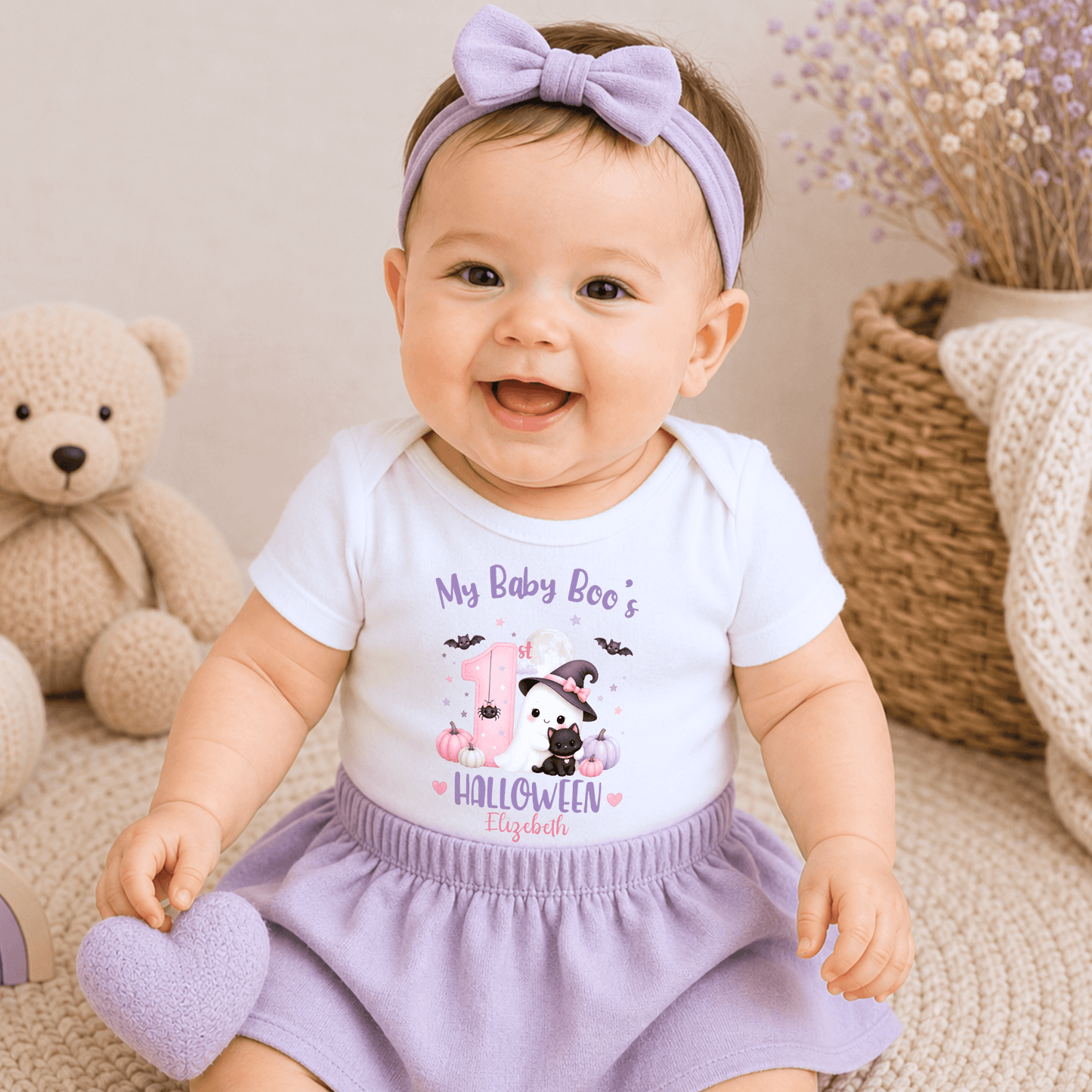 Personalised First Halloween Baby Outfit for girls with Baby Boo ghost, black cat, pumpkins and pink and lilac 1st Halloween design