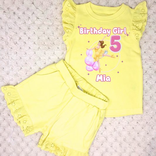 Personalised Girls Princess Ballerina Birthday Outfit, Ballerina Birthday Frilly Shorts & Top in Pink. At the top it says Birthday Girl, followed by a princess ballerina in a balloon arch and the child's name underneath.