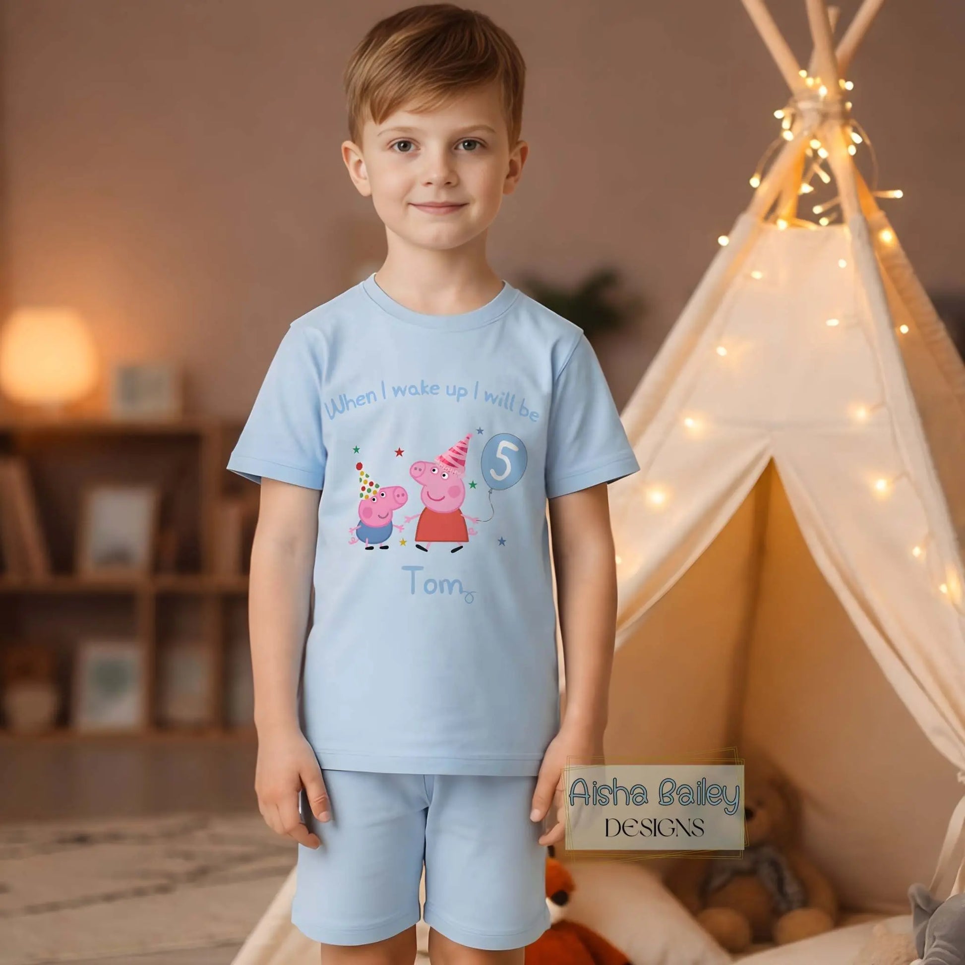 Personalised Peppa and George Pig Birthday Pyjamas for Boys with custom name and age, featuring birthday number  on white short set