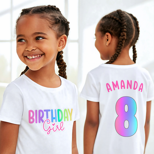 Personalised Girls' Vibrant Rainbow Birthday Girl T-shirt, Vibrant Pink Unicorn Rainbow Birthday Shirt, Custom Rainbow Girl Birthday Shirt