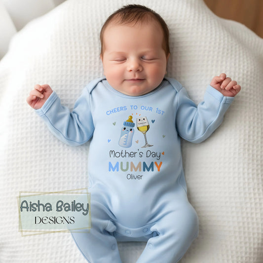Personalised First Mothers Day baby boy sleepsuit with mummy and baby drink toast design, custom name Mother’s Day outfit keepsake gift