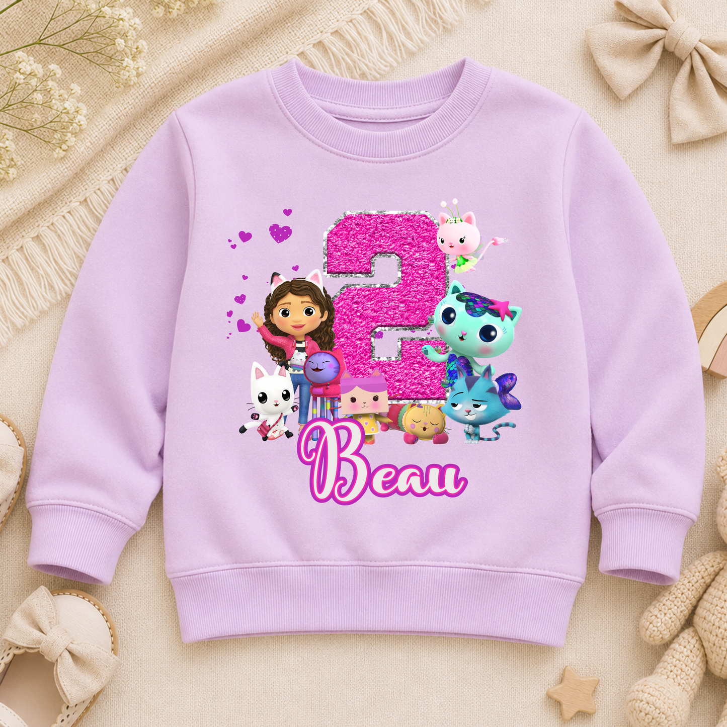 Personalised Gabby's Dollhouse Birthday Sweatshirt for Girls: A custom name and age sweatshirt for a girl's birthday Gabby's Dollhouse themed