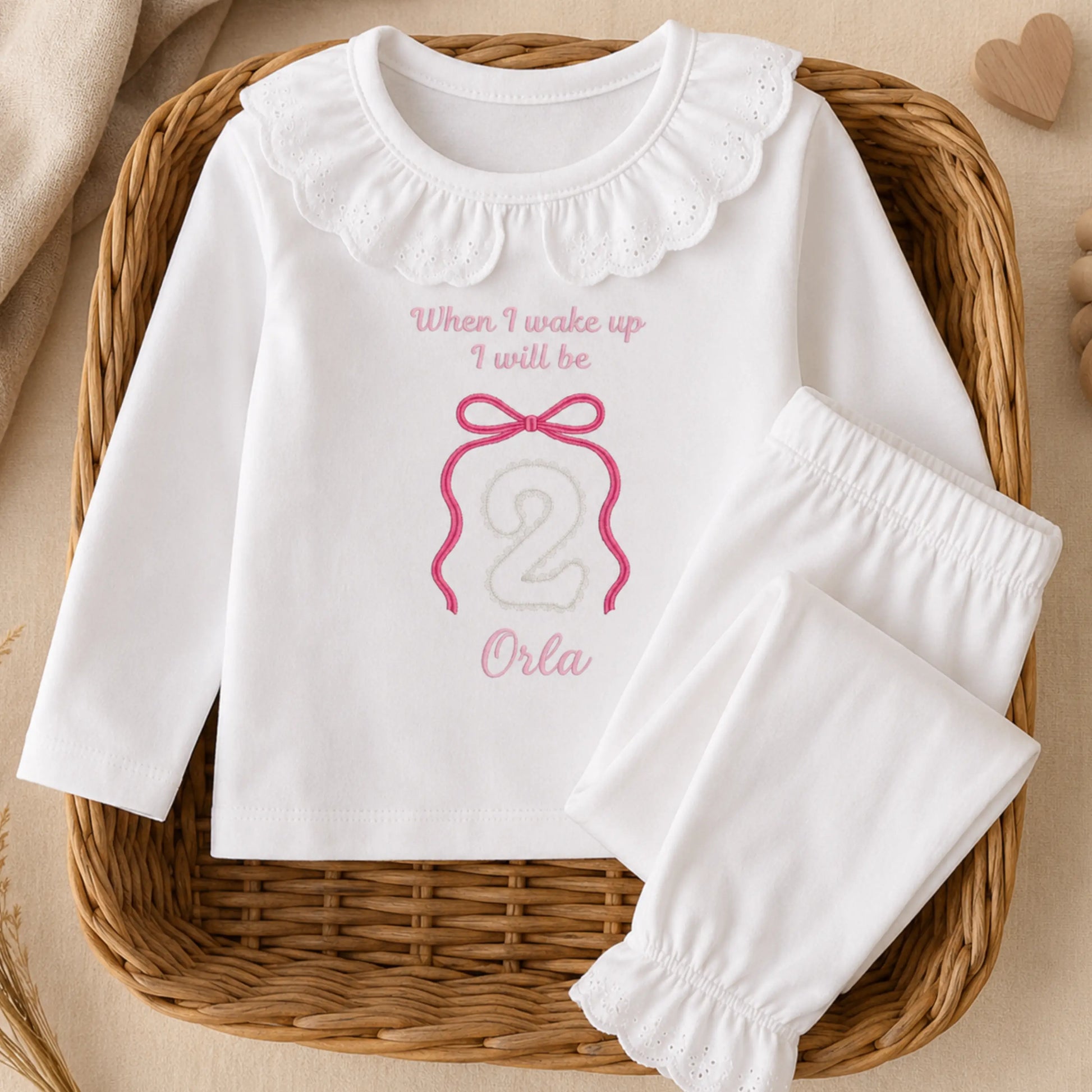 Personalised Embroidered Bow Birthday Pyjamas for Girls - When I Wake Up Birthday PJs AishaBaileyDesigns