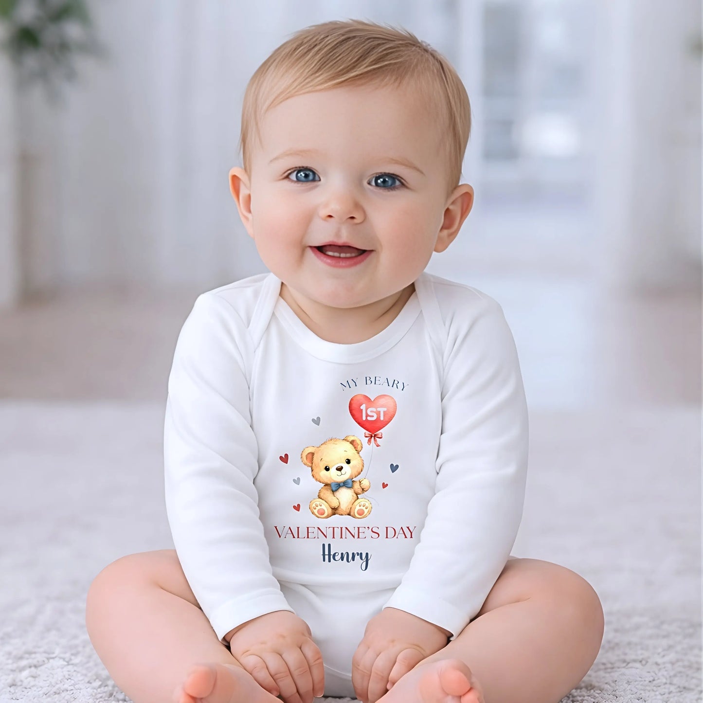 personalised first valentines day out for baby boys with a cute bear. It has custom name and will make the perfect baby gift for baby boys