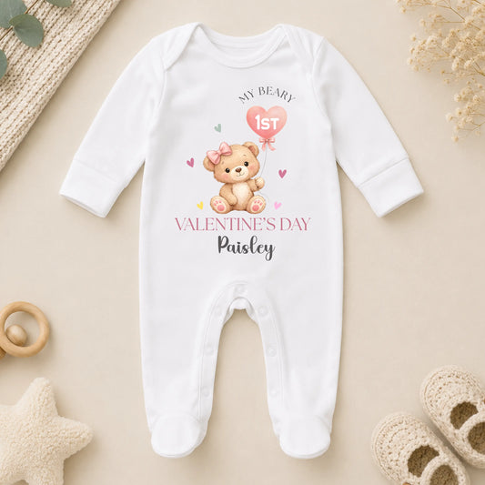 Personalised Baby Outfit: Girls Beary 1st Valentine Baby Grow, Vest or Bib AishaBaileyDesigns