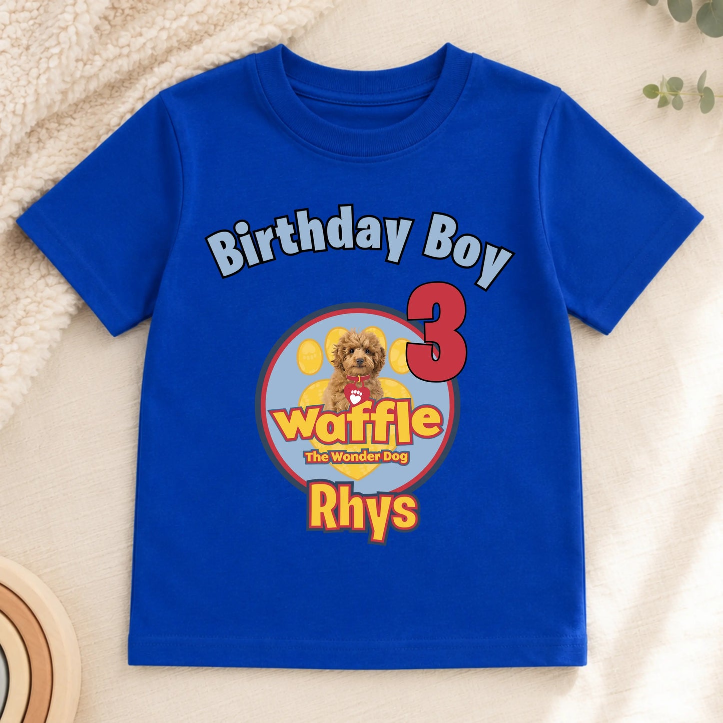 Personalised Boys Waffle Birthday t-shirt: Waffle the Wonder Dog AishaBaileyDesigns