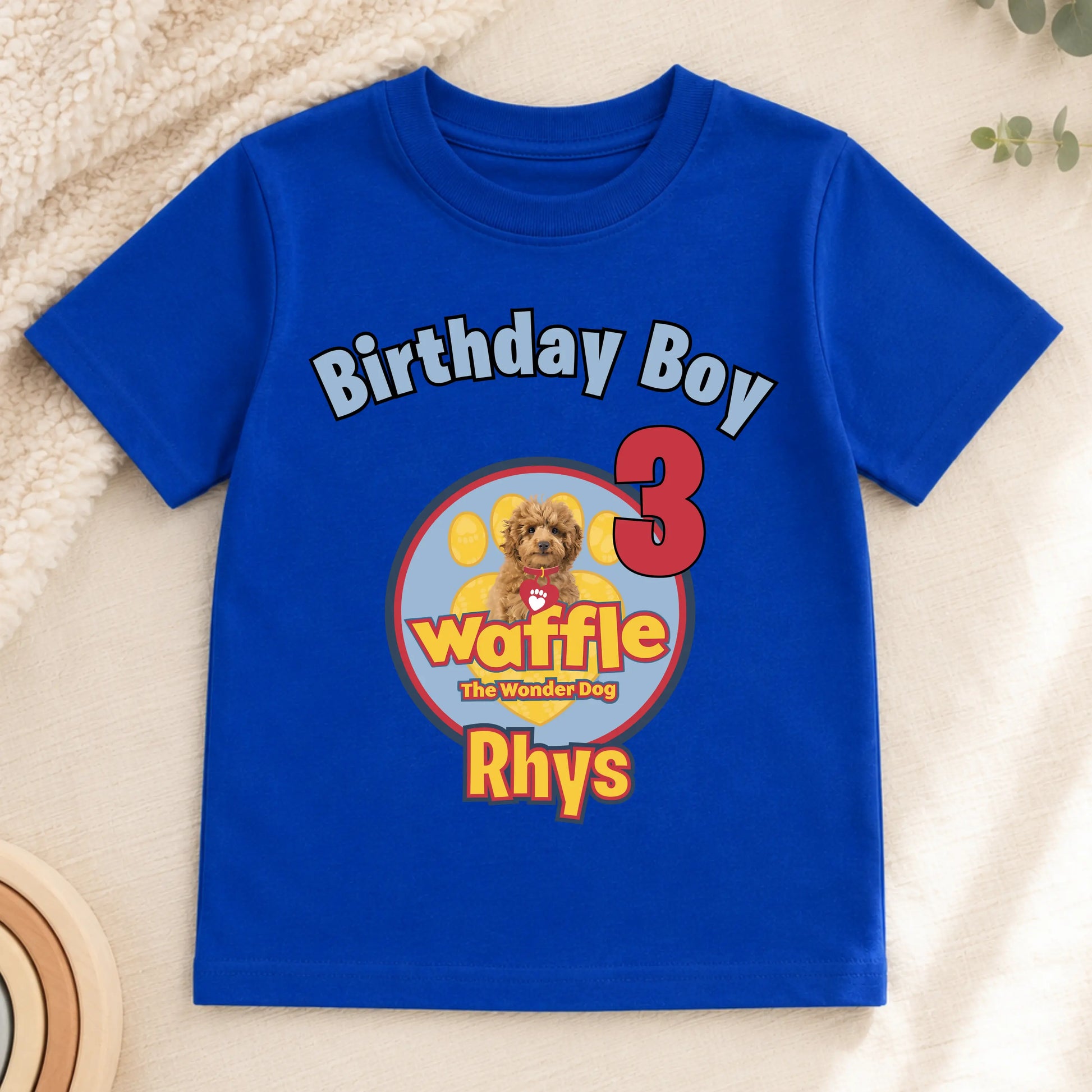 Personalised Boys Waffle Birthday t-shirt: Waffle the Wonder Dog AishaBaileyDesigns
