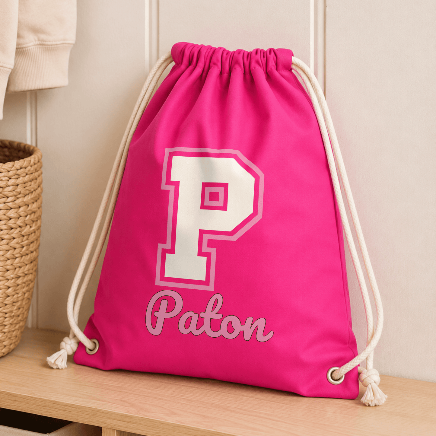 Personalised Varsity PE Drawstring Bag for girls with custom initial and name in a choice of bag colours.