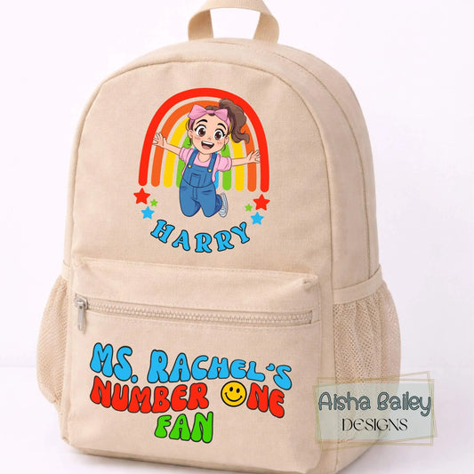 Personalised Ms Rachel backpack for kids with custom name, rainbow design toddler school bag in pink, blue and beige