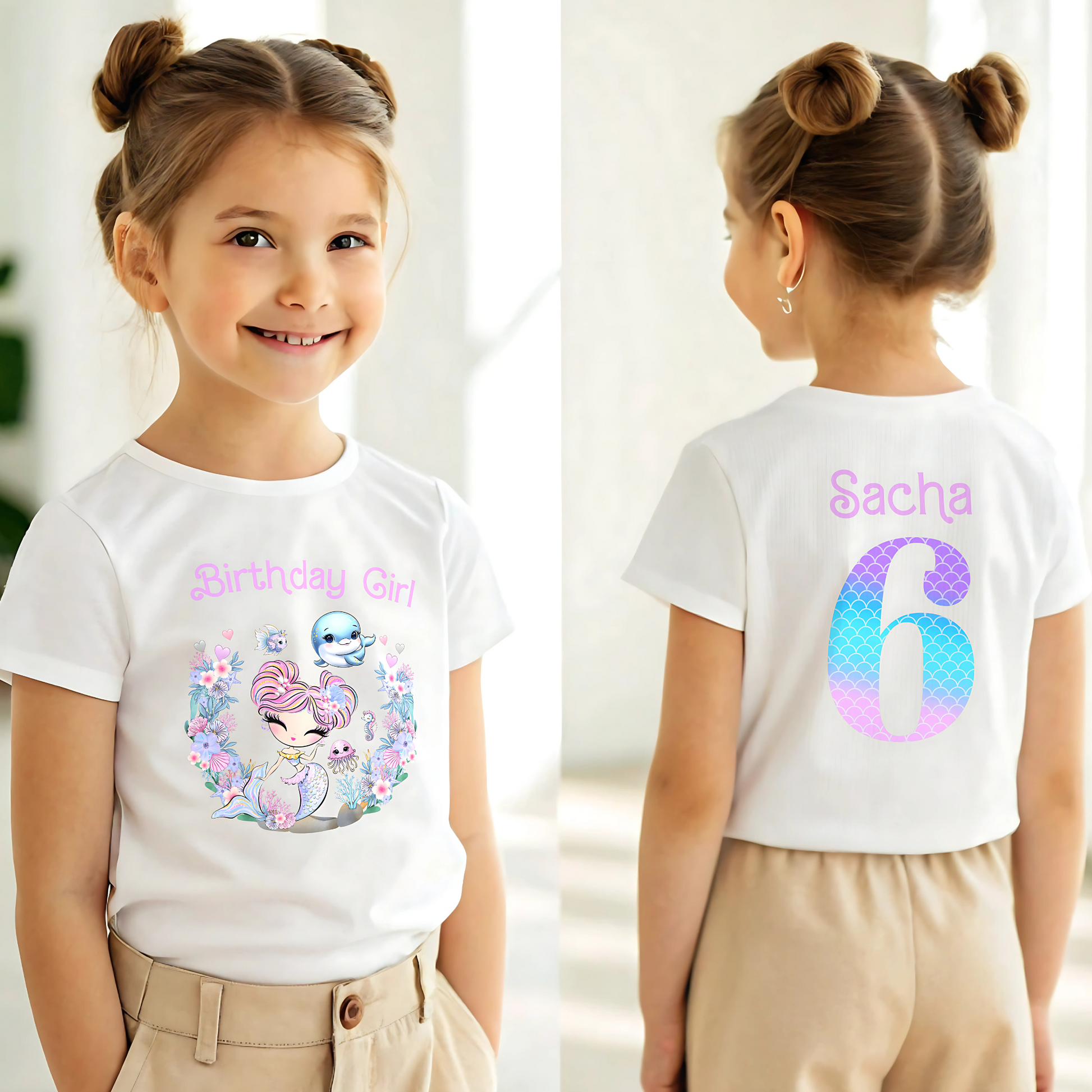 Mermaid Birthday T-shirt for Girls with personalisation: A vibrant and magical T-shirt designed for a girl's birthday celebration, featuring a glitter-like mermaid print on both the front and back. The shirt can be personalised with the birthday girl's name for a special touch: Personalized, Girls, Glitter-like, Mermaid, Birthday, T-shirt, Front and Back Print, Girls mermaid birthday gift