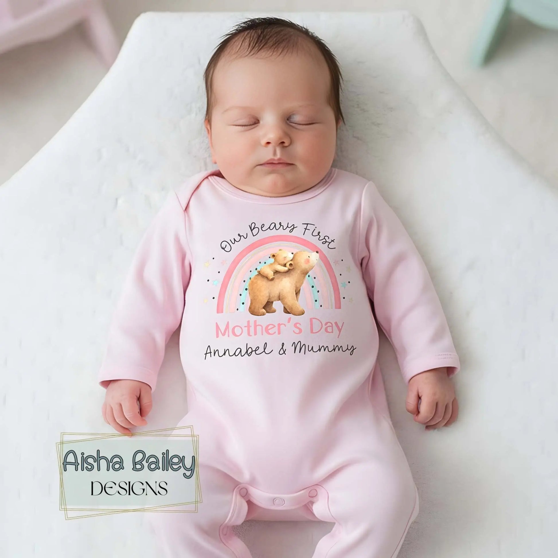 Personalised 1st Mother’s Day sleepsuit with Our Beary First Mother’s Day bear and rainbow design, custom baby girl name gift for First mothers day keepsake