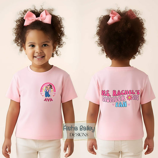 Personalised Ms Rachel t-shirt Number One Fan T-Shirt for girls with custom name and fun back print design