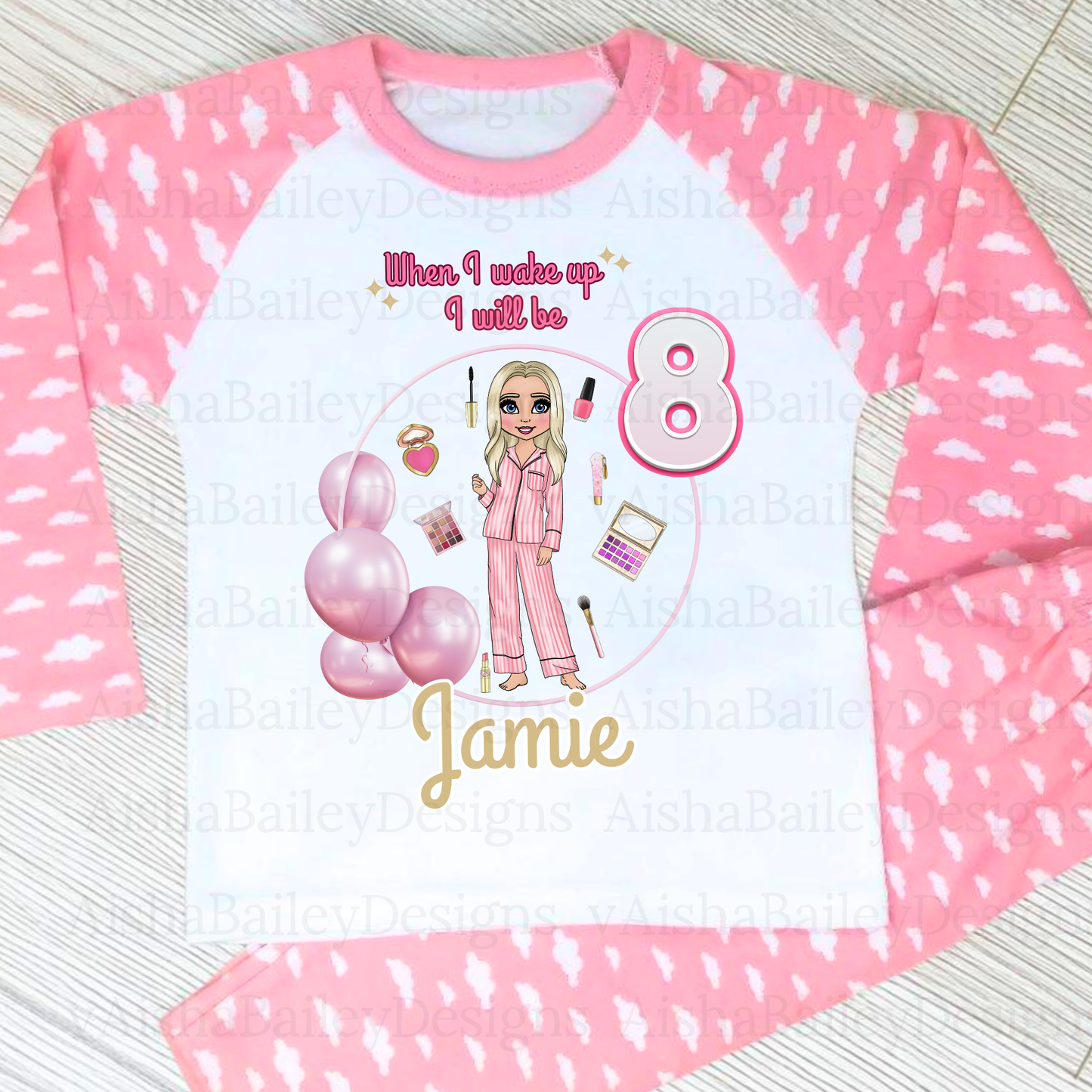 Girls personalised birthday pyjamas, irls personalised birthday pyjamas with a custom makeup doll design. A soft, cosy, and thoughtful birthday gift that’s unique to your child.