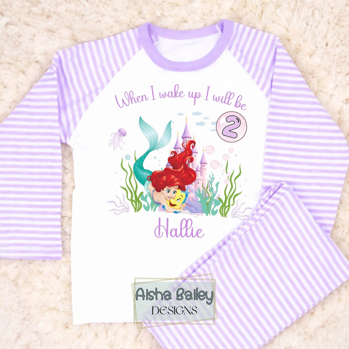 Purple stripe girls mermaid birthday pyjamas personalised Hallie age 2 under the sea design
