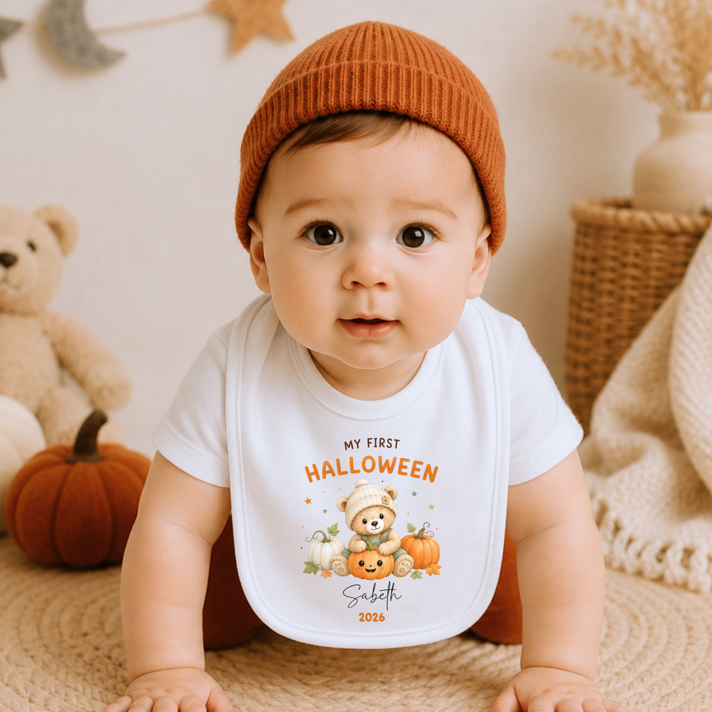 Personalised First Halloween Baby Outfit for boys with cute teddy bear and pumpkin design, customised with baby’s name and year.