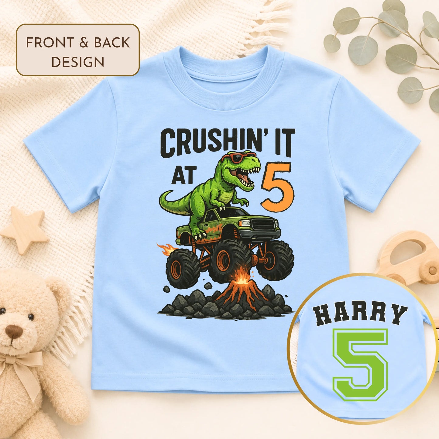 Boys Personalised Dinosaur Birthday T-Shirt with Back Print – Crushing It at Any Age AishaBaileyDesigns