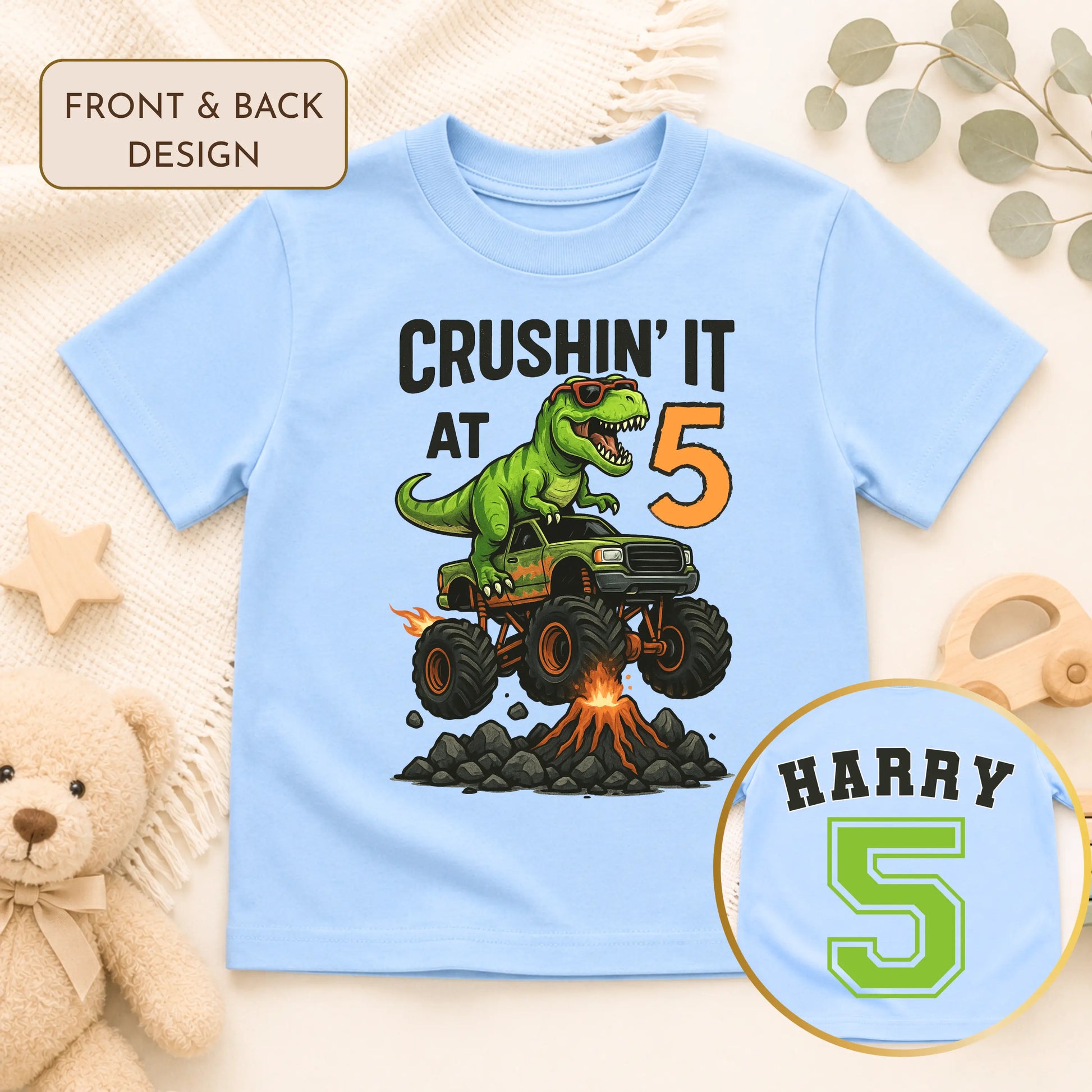 Boys Personalised Dinosaur Birthday T-Shirt with Back Print – Crushing It at Any Age AishaBaileyDesigns