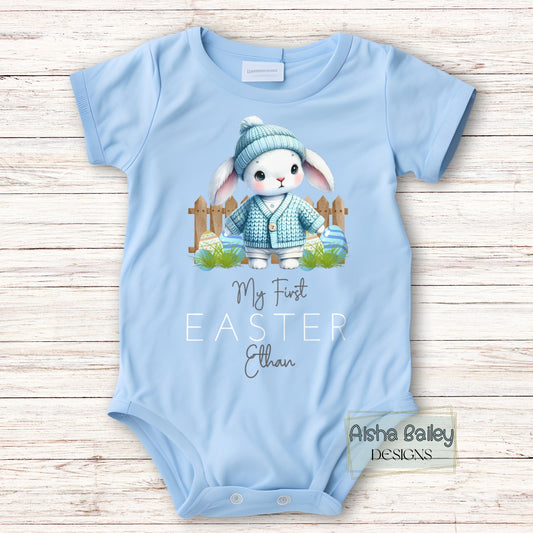 First Easter Outfit: Baby Boy’s First Easter Babygrow with personalised name and bunny design