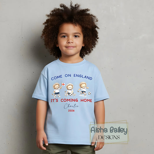 Boys Personalised World Cup T-shirt, England Football 2026 – Come On England It’s Coming Home Top AishaBaileyDesigns