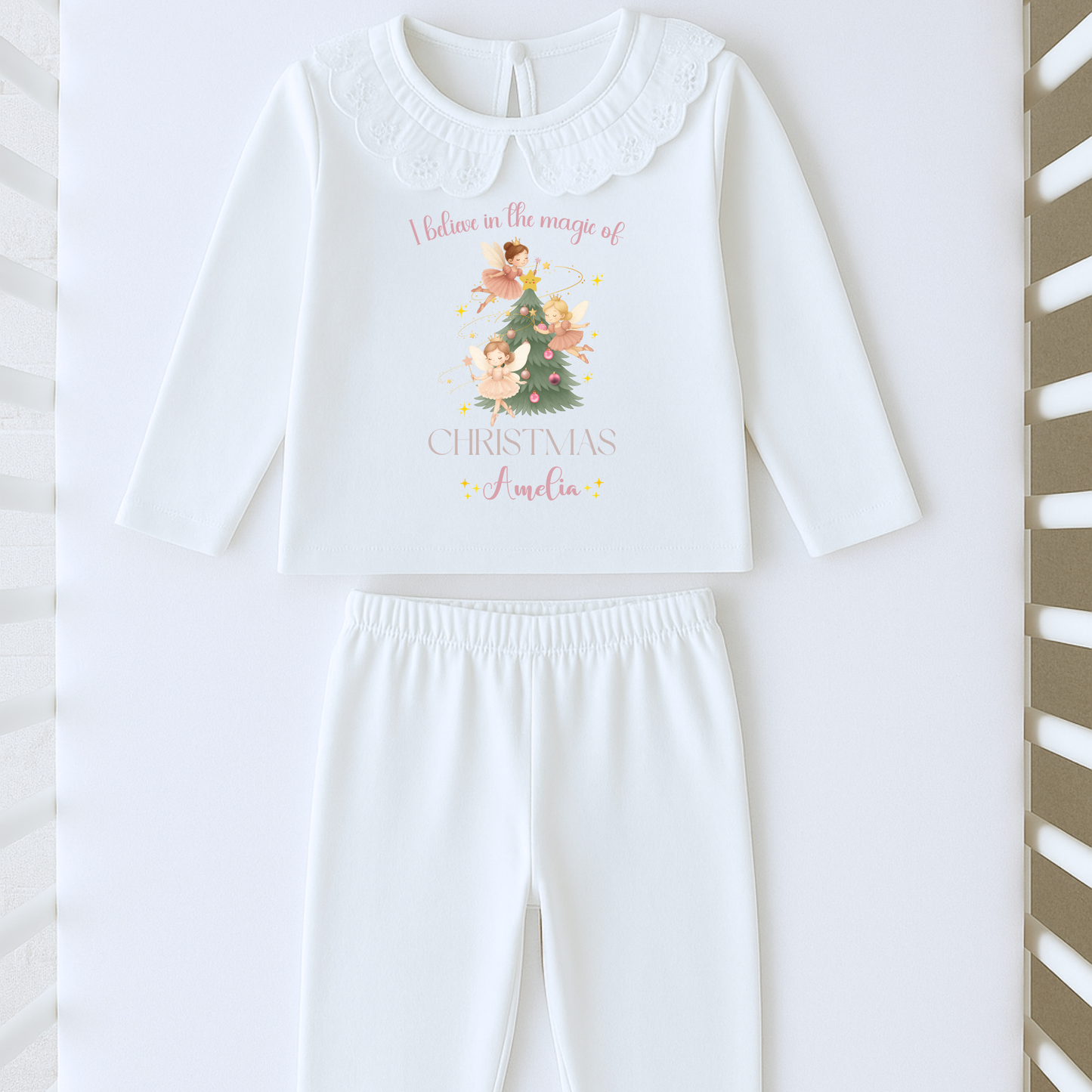Girls Christmas pyjamas - personalised frilly white magical fairy pyjamas, When I wake up it will be Christmas