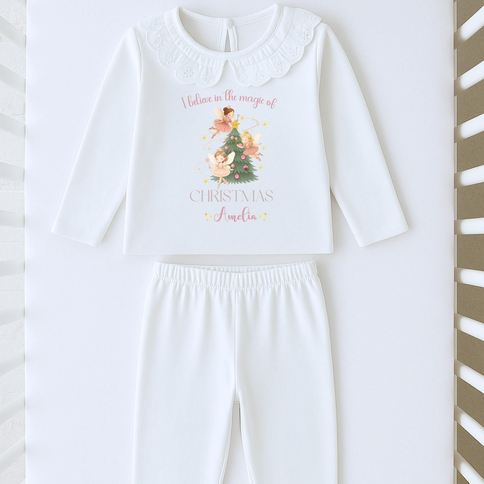 Girls Christmas pyjamas - personalised frilly white magical fairy pyjamas, When I wake up it will be Christmas