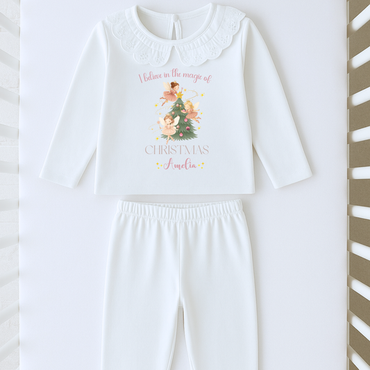 Girls Christmas pyjamas - personalised frilly white magical fairy pyjamas, When I wake up it will be Christmas