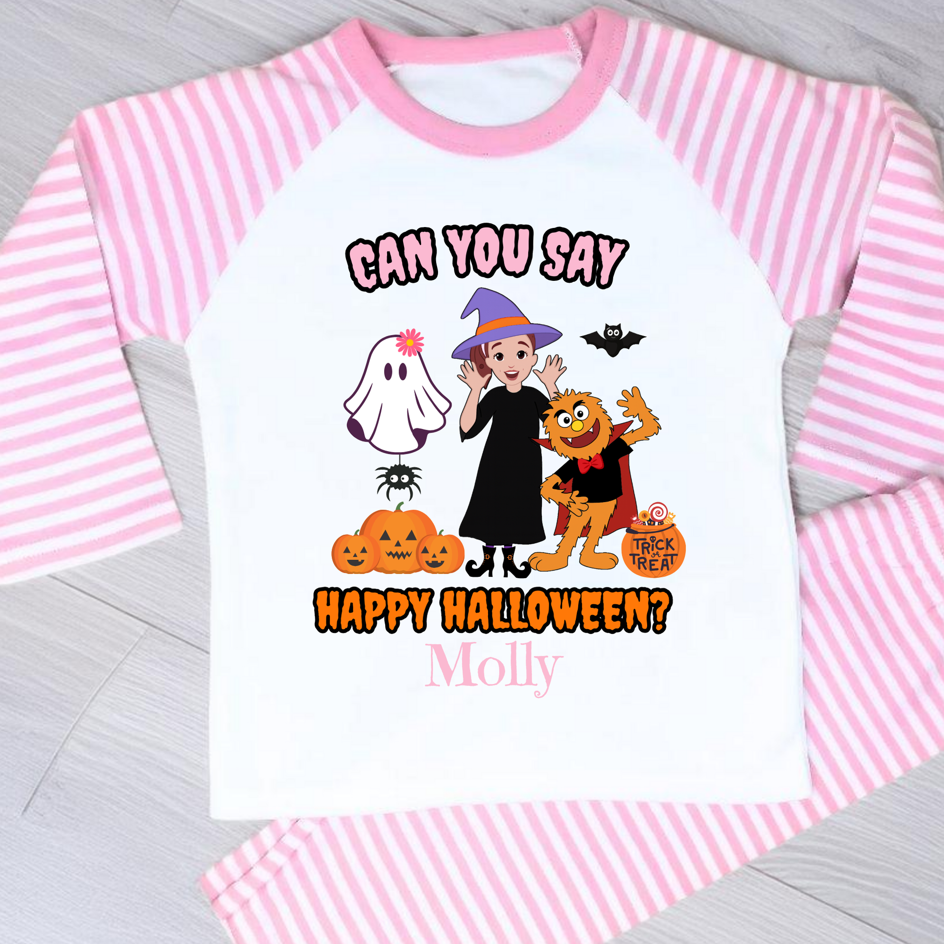 Girls personalised Ms Rachel Halloween pyjamas with “Can You Say Happy Halloween?” design and child’s name