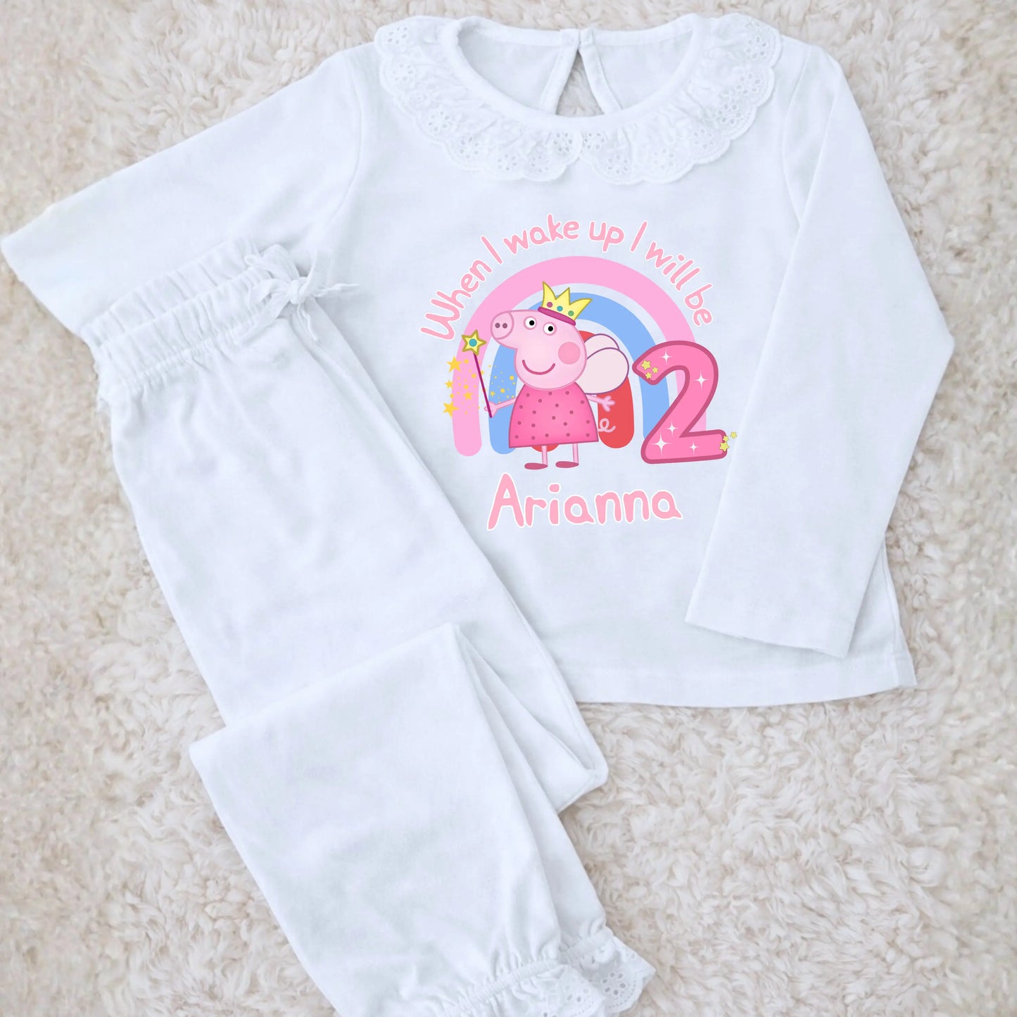 Girls Personalised Peppa Pig Frilly Birthday Pyjamas AishaBaileyDesigns