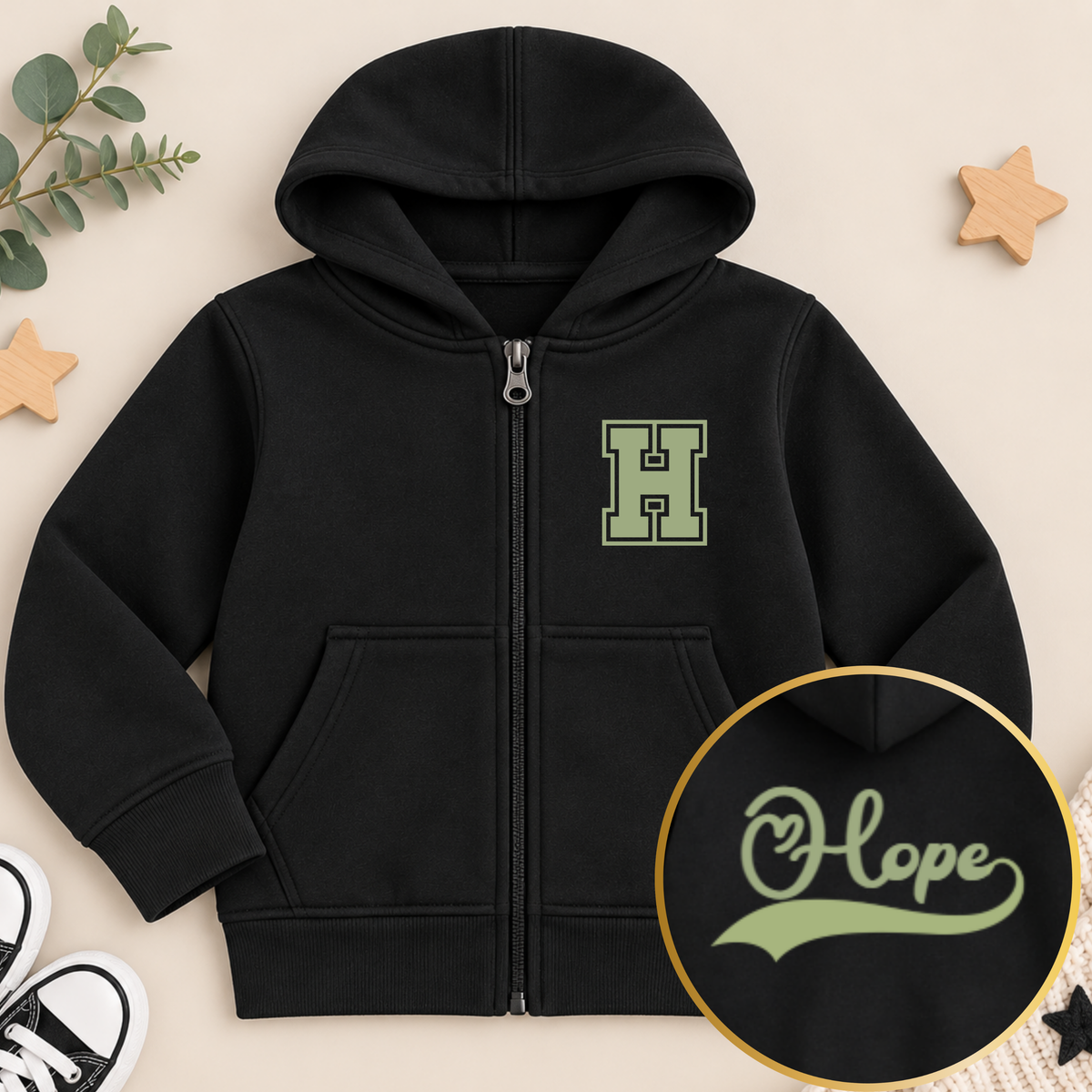 Girls Personalised Varsity Hoodie with varsity initial on front and personalised script name on back, available in multiple colours.