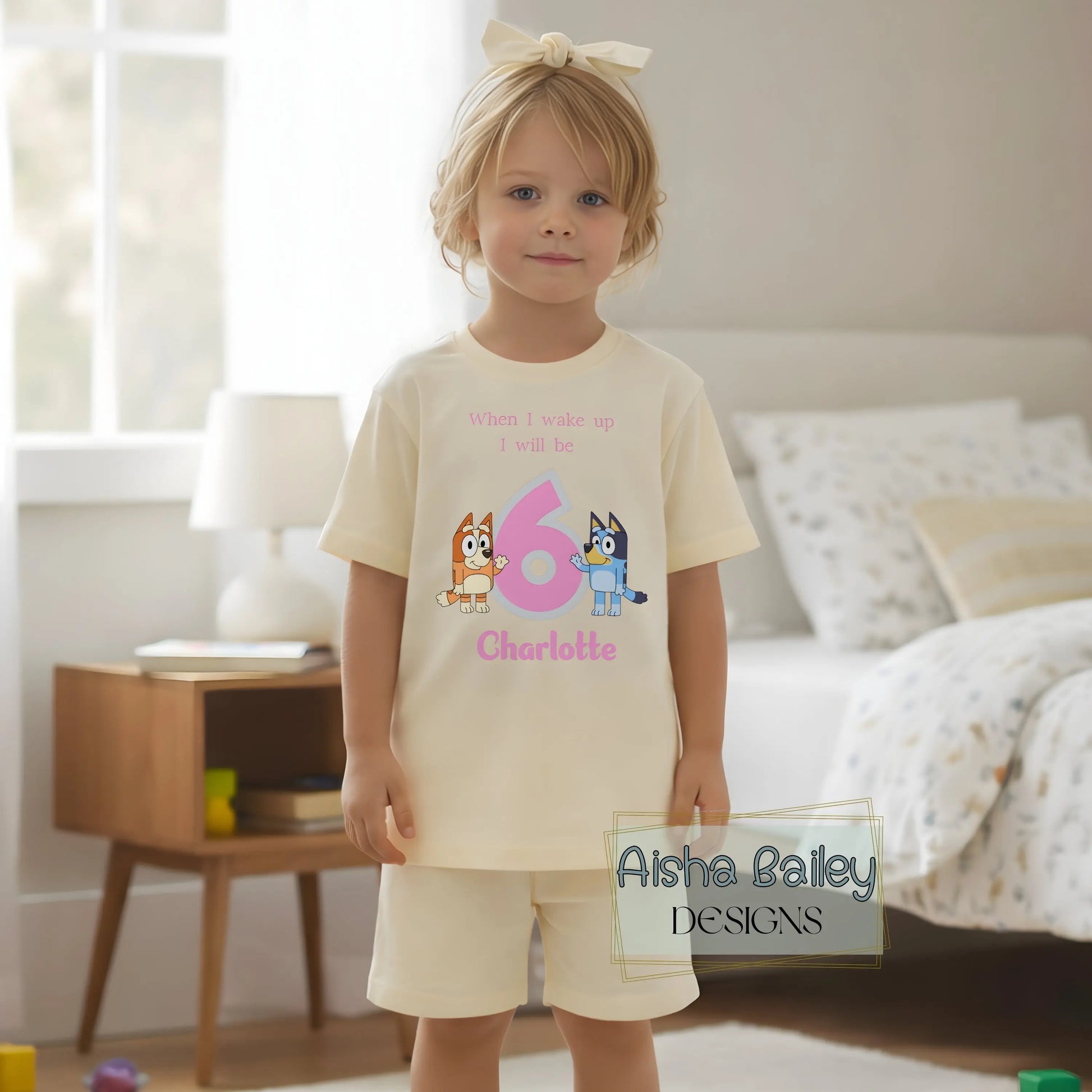 Personalised Bluey and Bingo Short birthday pyjamas with their custom name and age