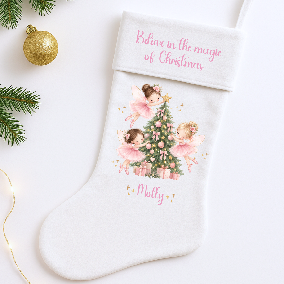 Personalised Christmas Stocking and Sack with pink Christmas fairies, festive tree and custom child’s name, available individually or as a matching set.