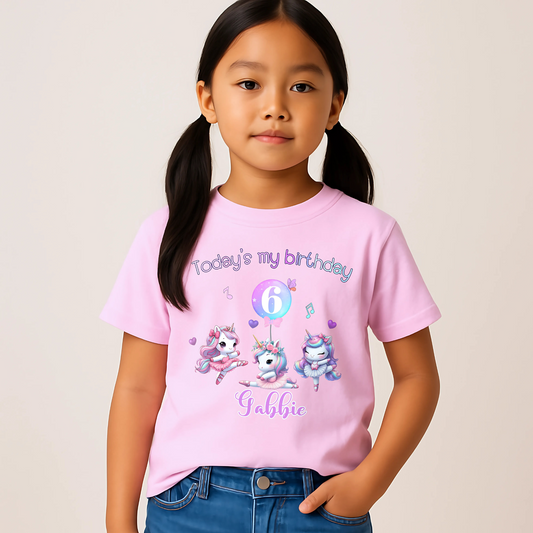 Personalised unicorn birthday t-shirt for girls with name and age design