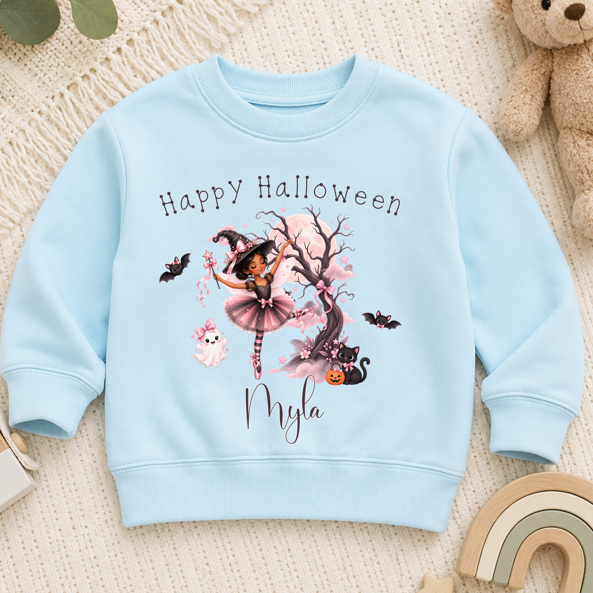 Personalised Halloween Sweatshirt for girls with witch ballerina, black cat, ghost, bats and child's name in pink Halloween design.