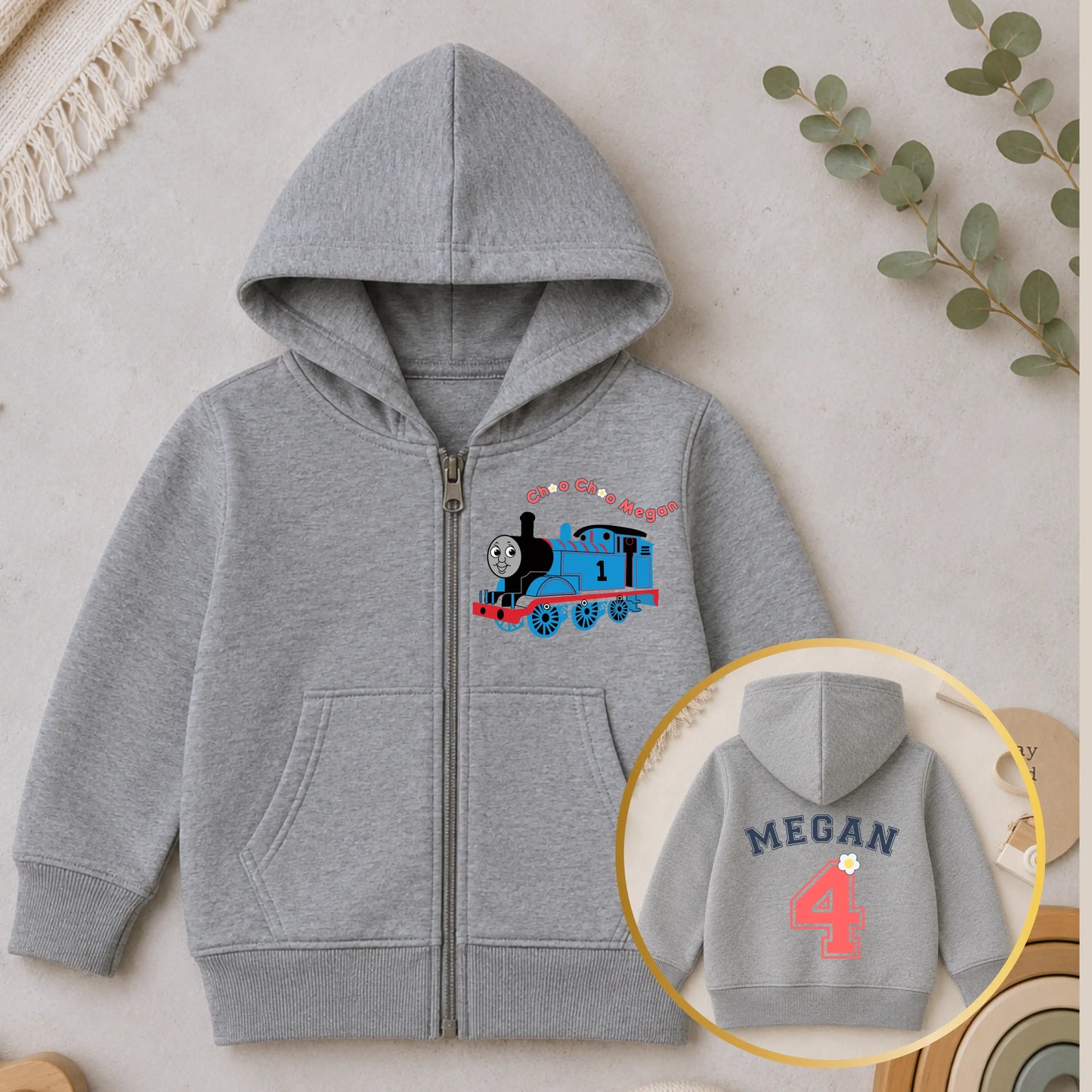 Personalised Girls Thomas the Tank Engine Zip-up Custom Hoodie with Back Print  - any name and number AishaBaileyDesigns