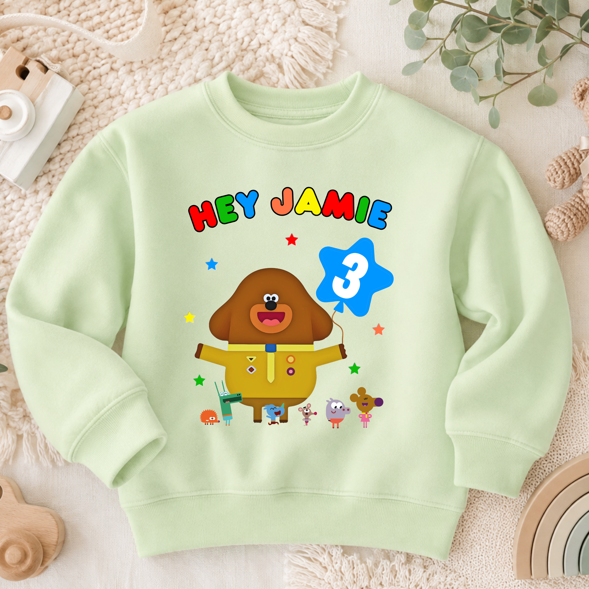 Boys Personalised Hey Duggee Birthday Sweatshirt with colourful character design, customised with any name and age for a fun birthday outfit.