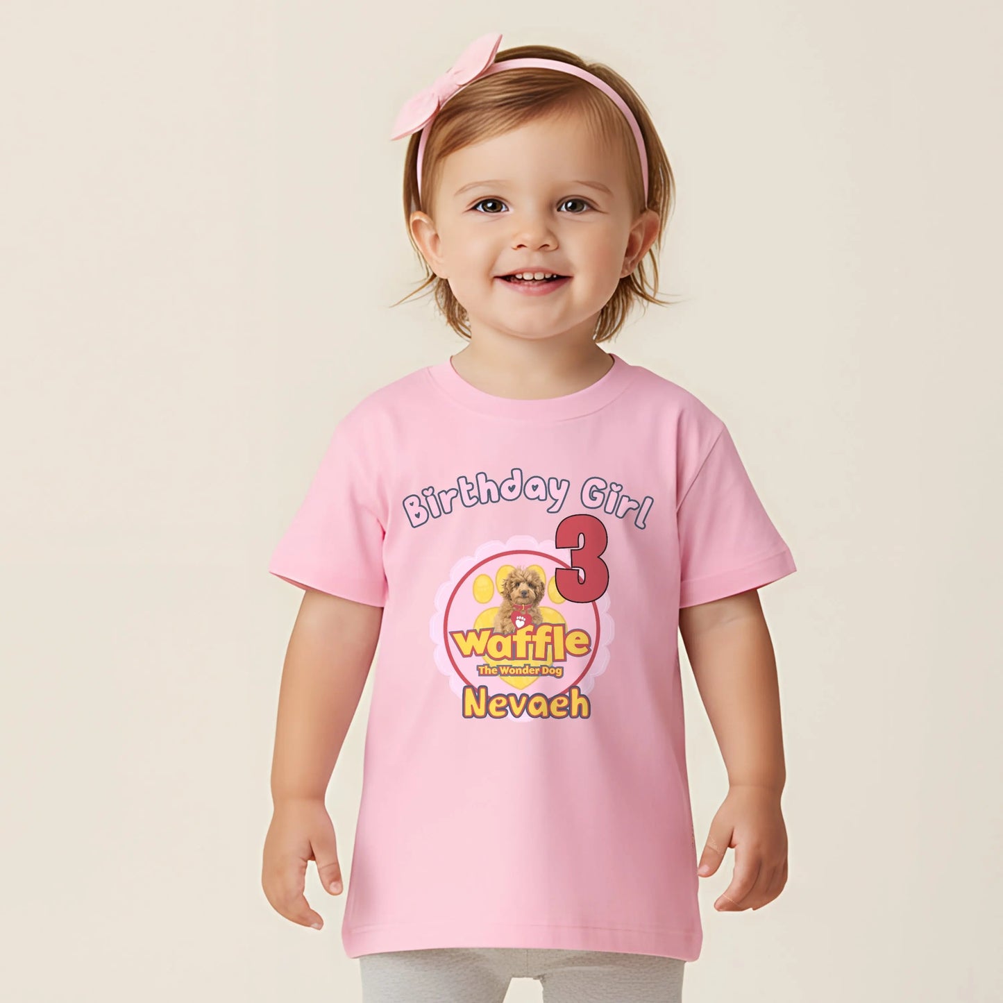 Waffle birthday t-shirt personalised for girls with custom name and age