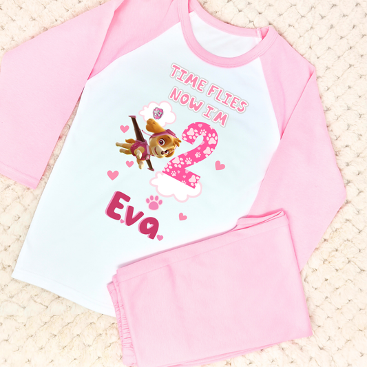 Girls Pink Paw Patrol birthday Pyjamas wih Personalisation, paw patrol birthday pyjamas, paw patrol with name, when i wake up paw patrol, personalised pajamas, kids paw patrol outfit